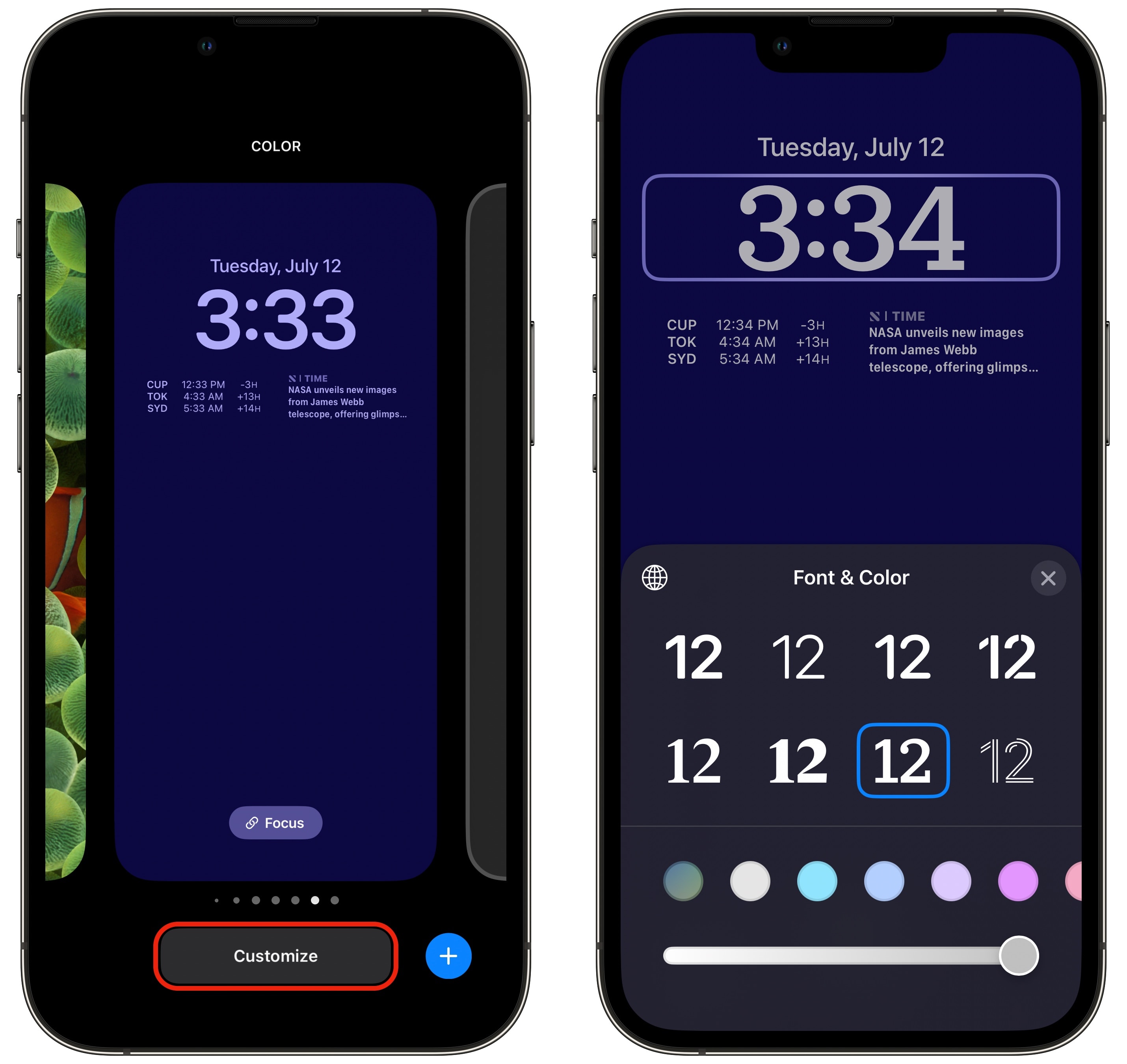 15 Change Fonts & Colors Customize iPhone Lock Screen in iOS 16: Change the font and color of the clock and widgets.