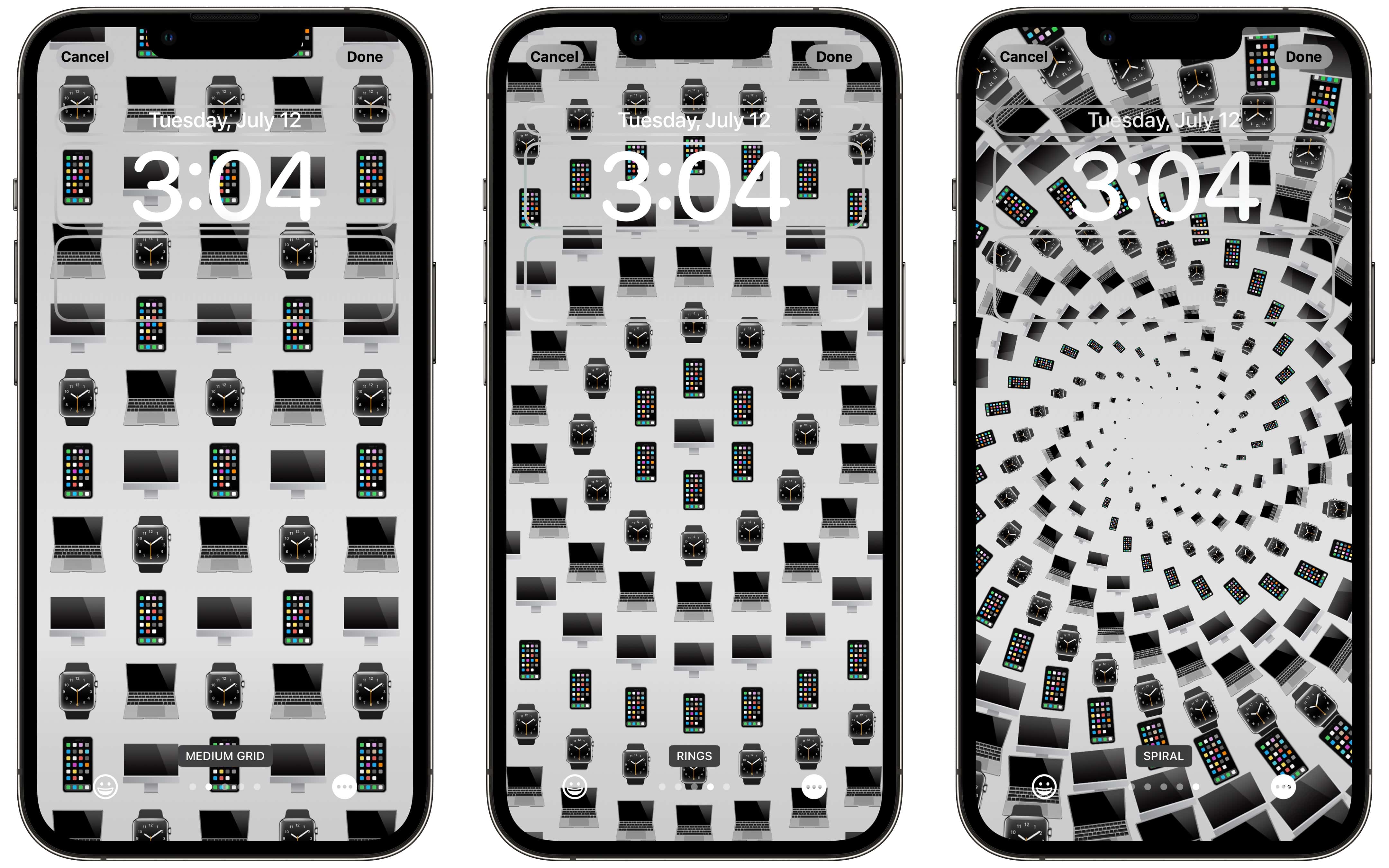 9 Emoji Grids Arrange emoji in three grid sizes, Rings and Spiral.