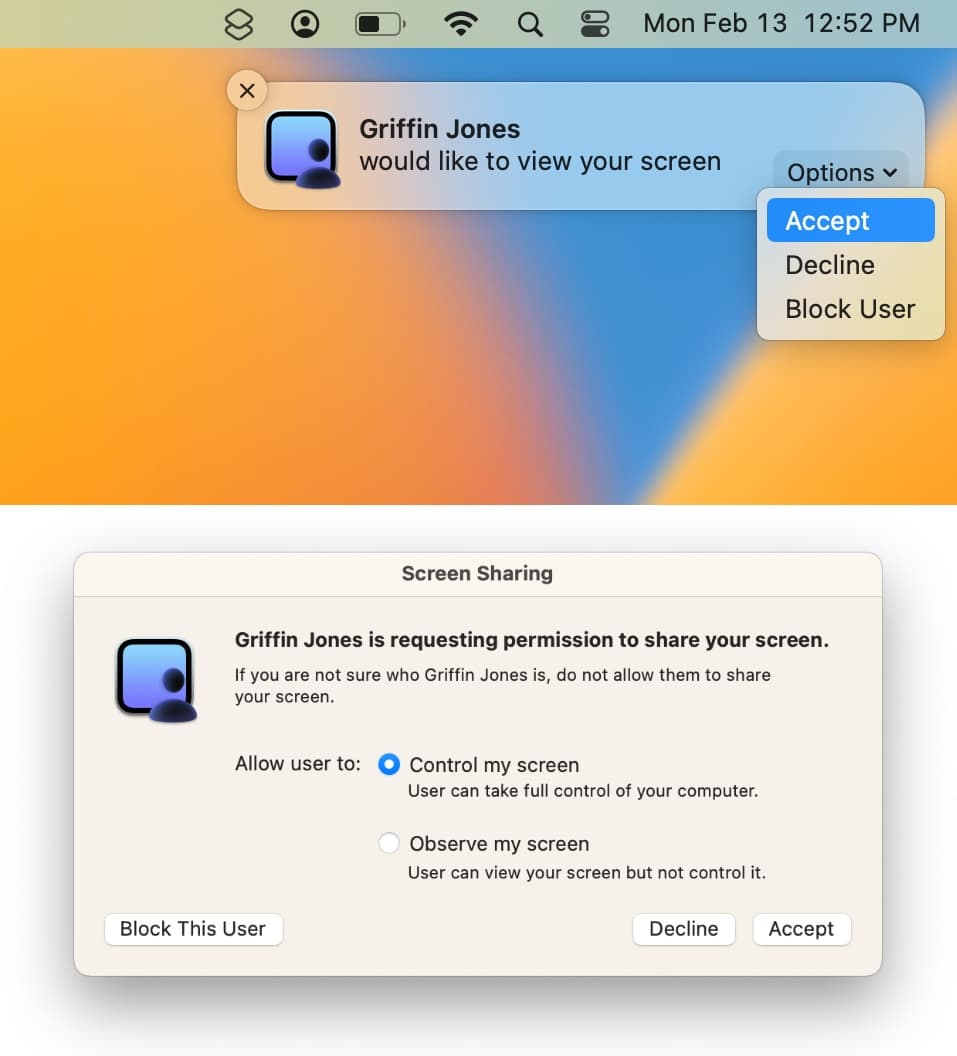 Accept Screen Sharing Accepting a request to share screens