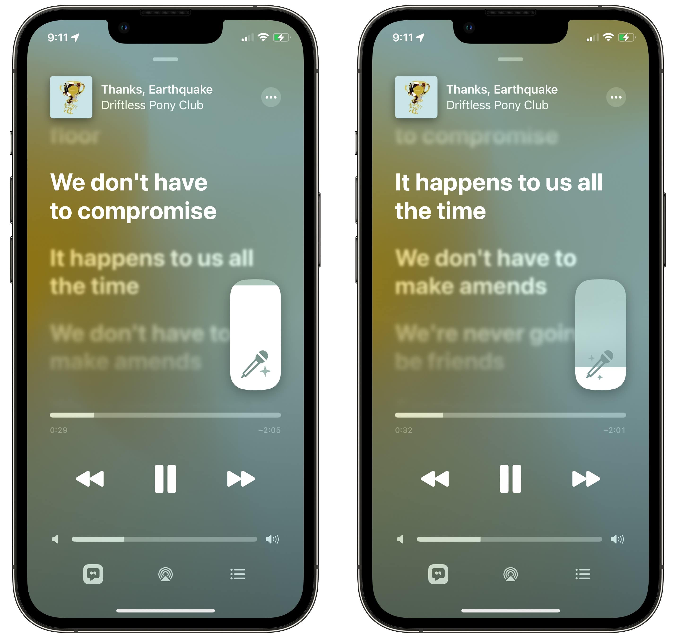 Adjust Apple Music Sing Turning up and down the lyrics on a song in Apple Music Sing: Slide up and down on the microphone icon to adjust the volume of the lyrics.