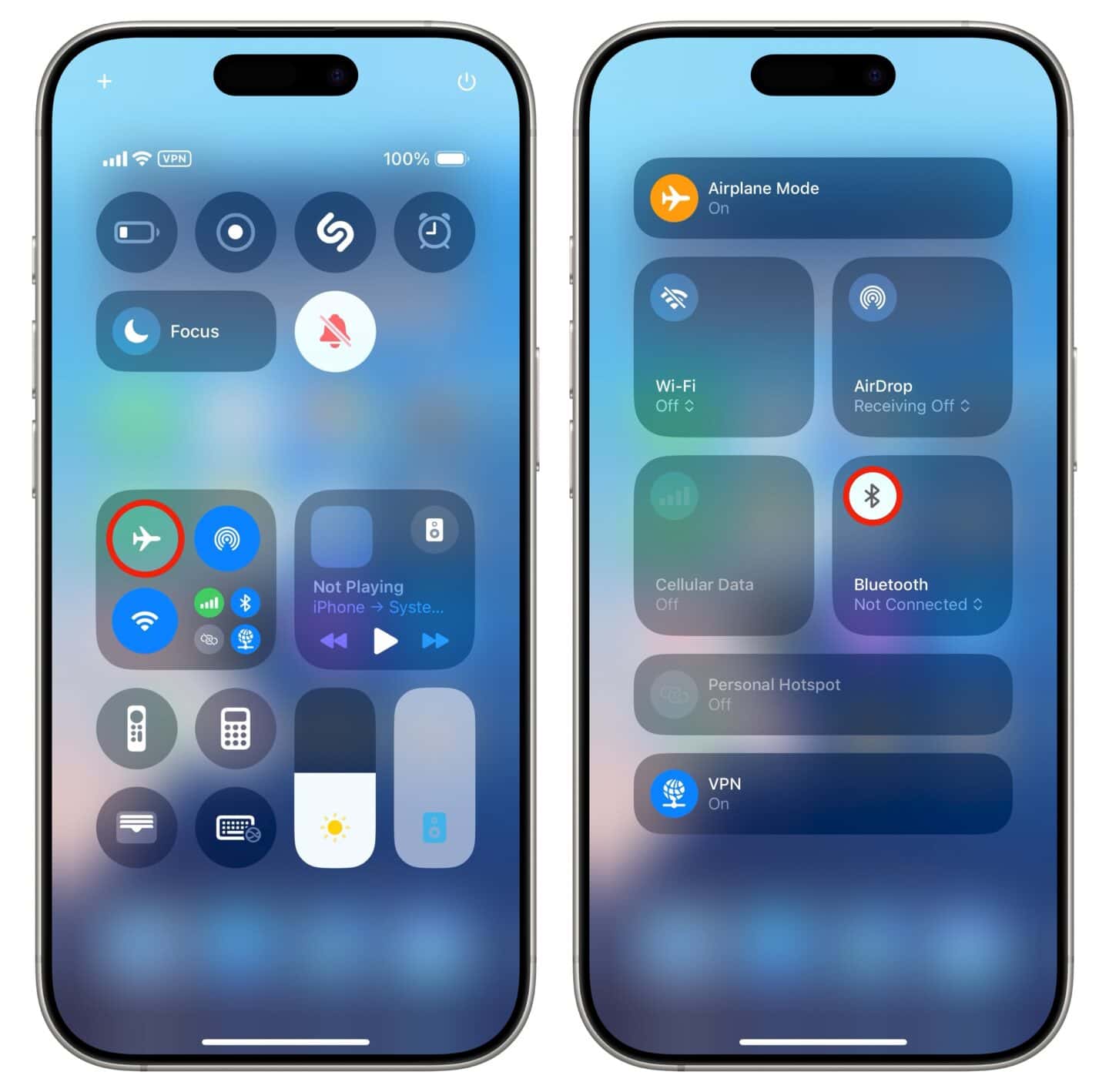 Airplane Mode Screenshots showing how to turn on iPhone's Airplane Mode and disable Bluetooth