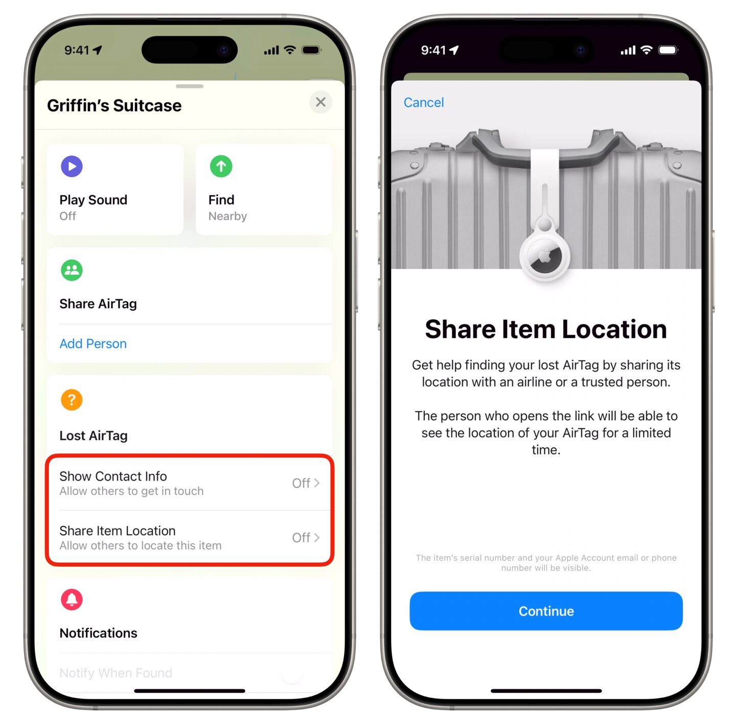 AirTag Lost Mode Sharing item location of a lost AirTag