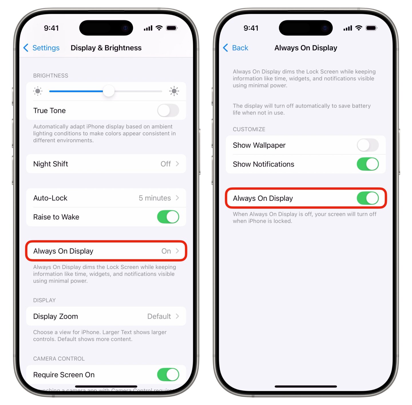 Always On Display Screenshot show how to turn off the iPhone always-on display, which will save battery life
