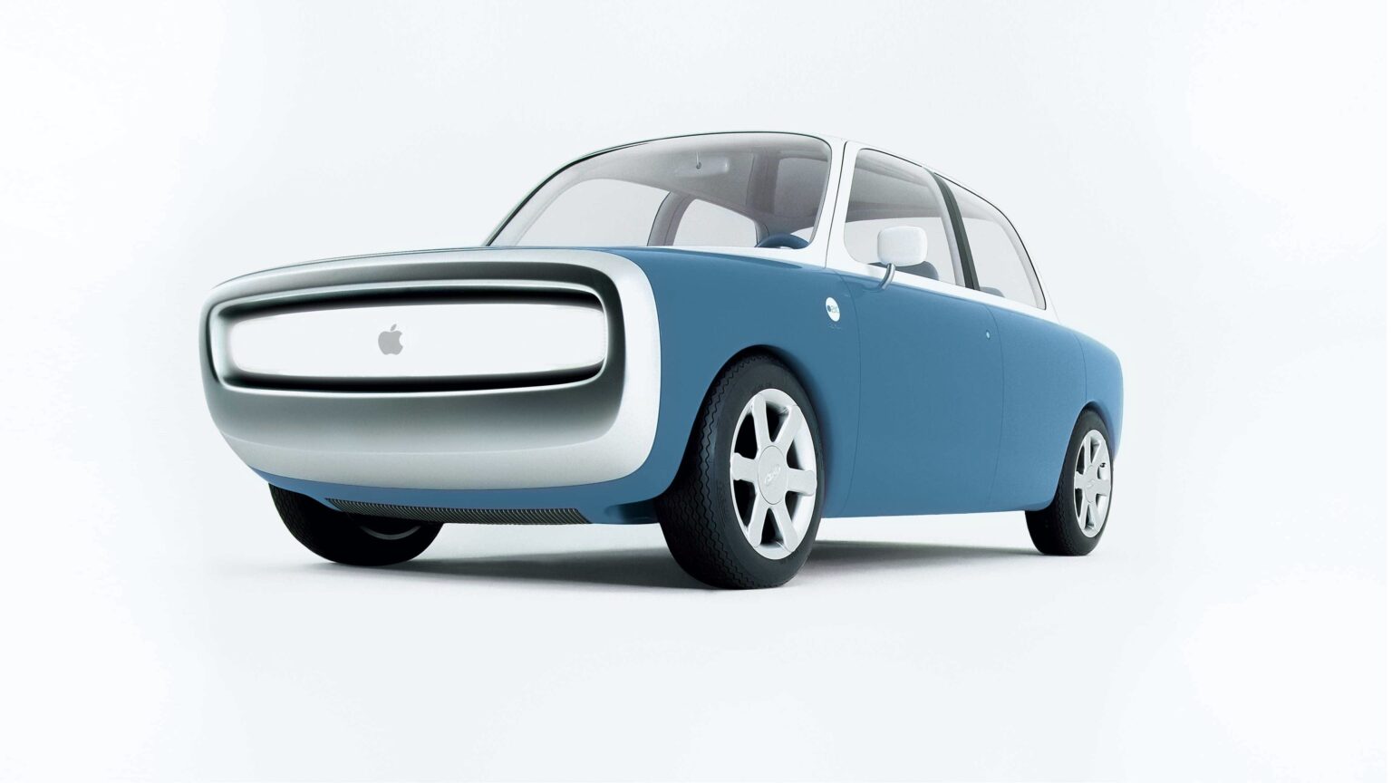 A cute two-door car with an Apple logo