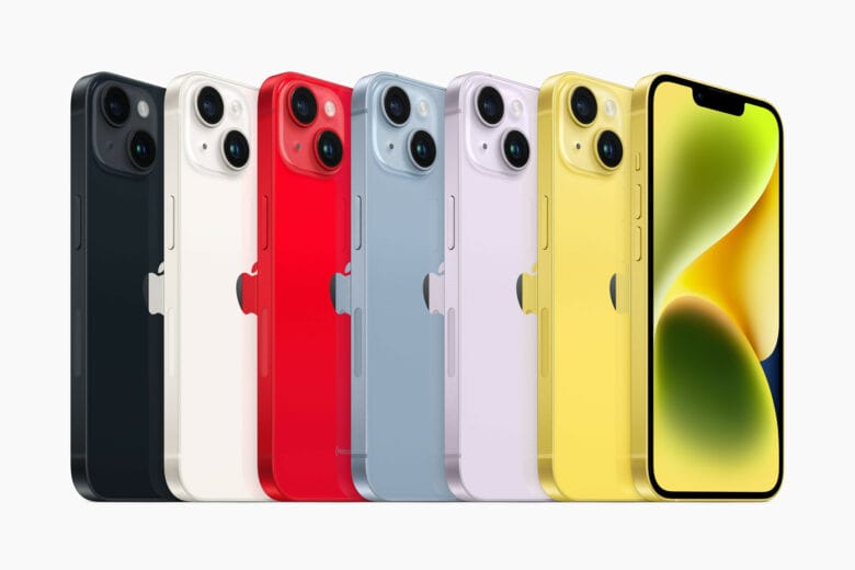 Apple iPhone 14 color lineup 230307_big.jpg.large_2x iPhone 14 lineup colors: You can't miss the yellow one on the right. The others are midnight, starlight, Product (Red), blue and purple.