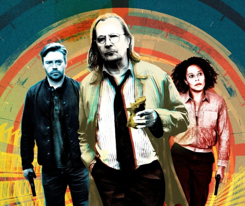 Apple_TV_Slow_Horses_spy thriller "Slow Horses" stars Jack Lowden, Gary Oldman and Rosalind Eleazar, shown in a stylized image from the Apple TV+ spy thriller.