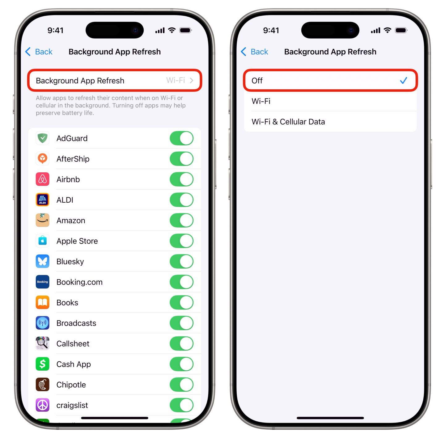 Background App Refresh Screenshot shows how to turn off iPhone's Background App Refresh to save battery life