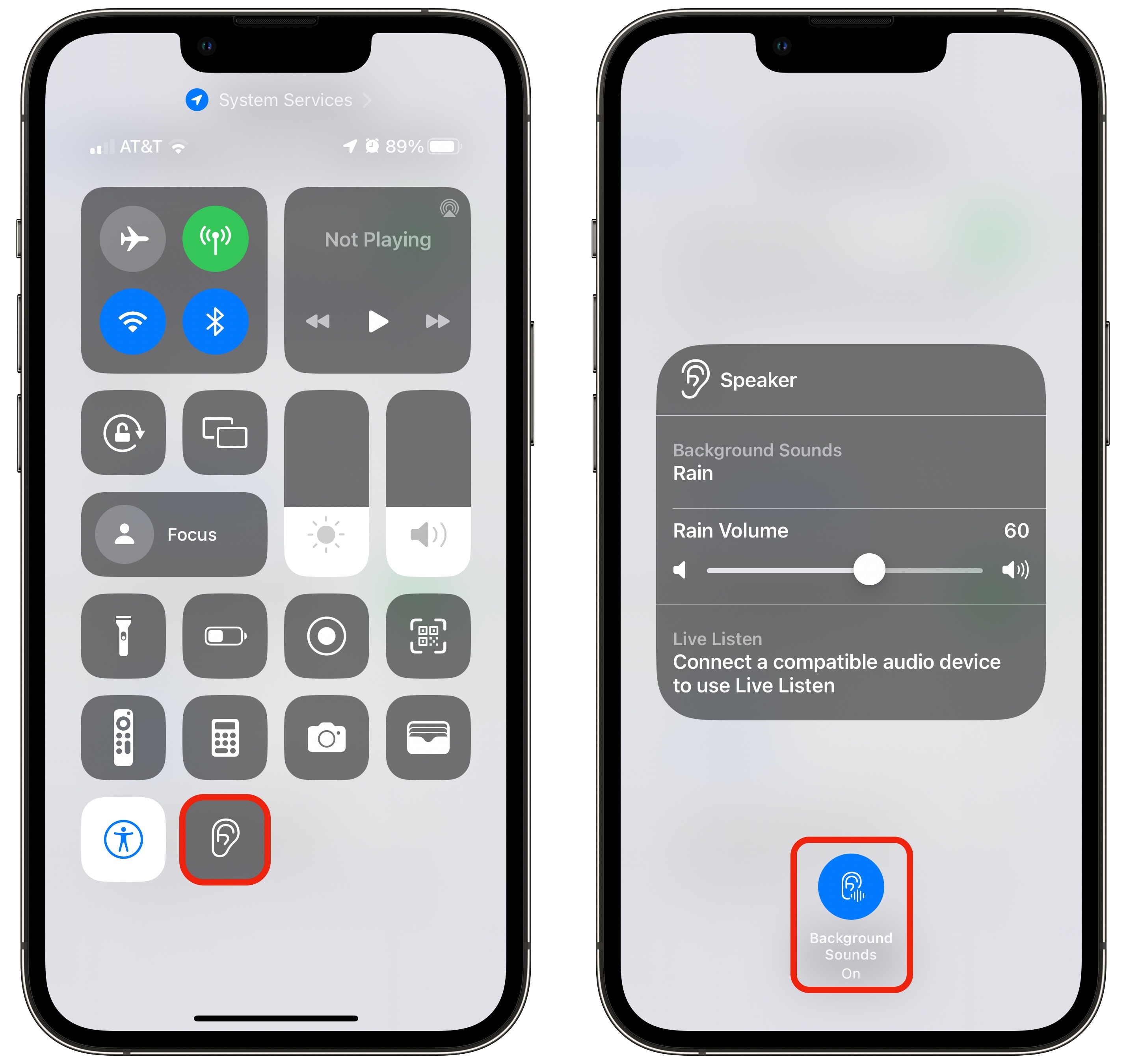 Background Sounds in Control Center Turning on Background Sounds in Control Center.
