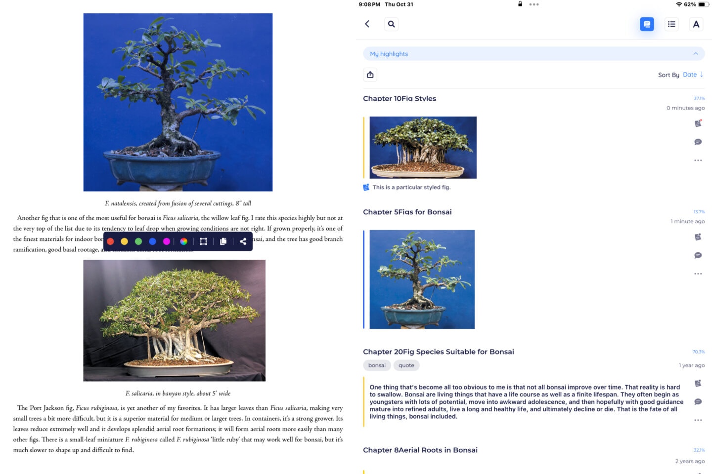 BookFusion bonsai Screenshot of BookFusion e-book app shows enhanced annotation features.