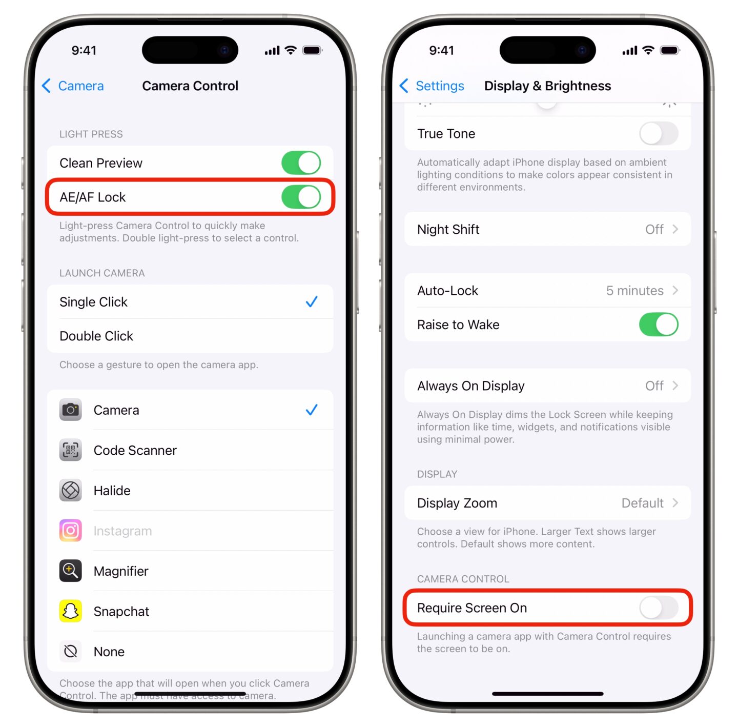 Camera Control Settings Camera Control settings for AE/AF Lock and Require Screen On
