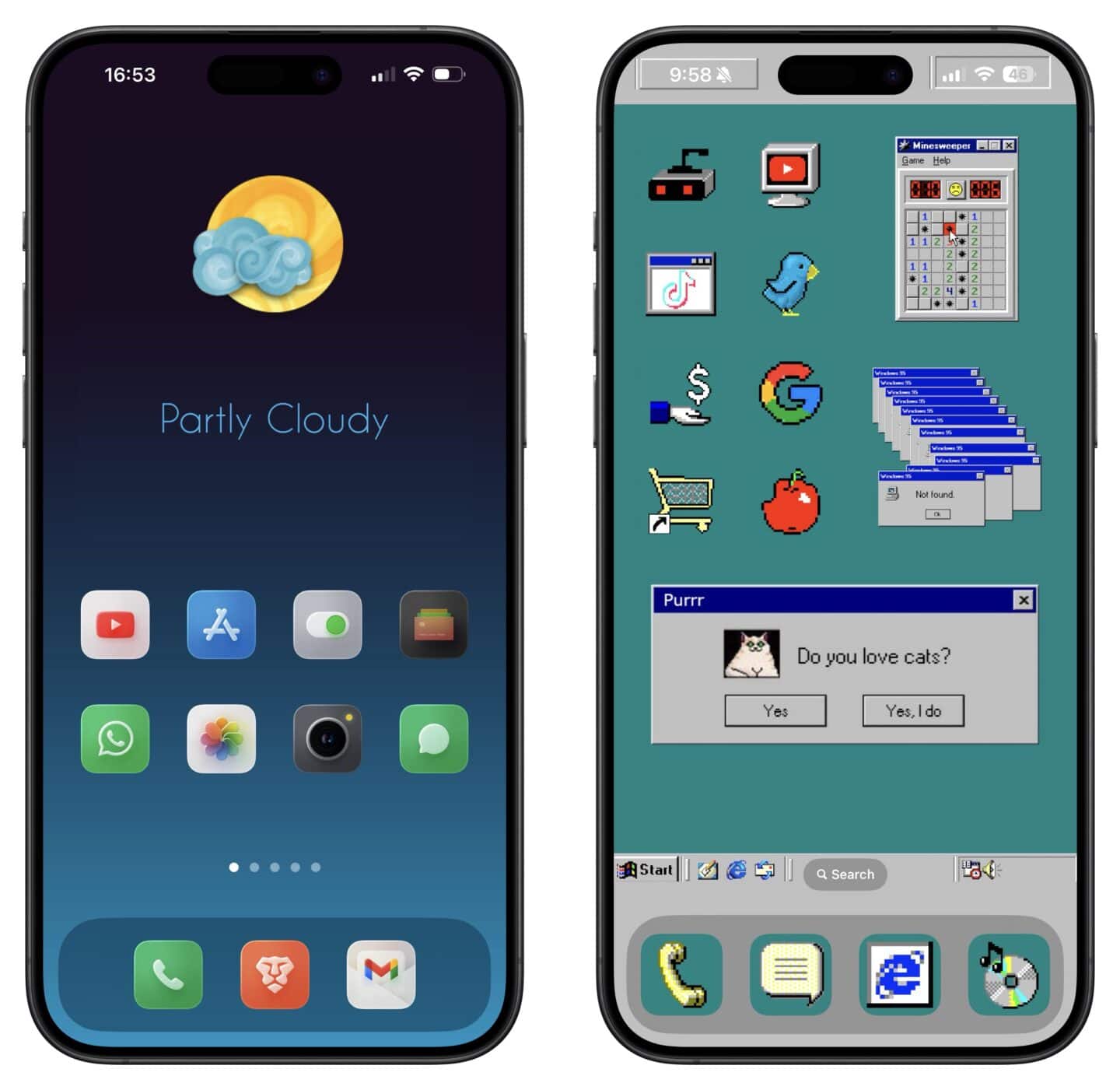 Custom Home Screens Warm + Win 95 Custom Home Screens with custom colorful icons and Windows 95 icons.