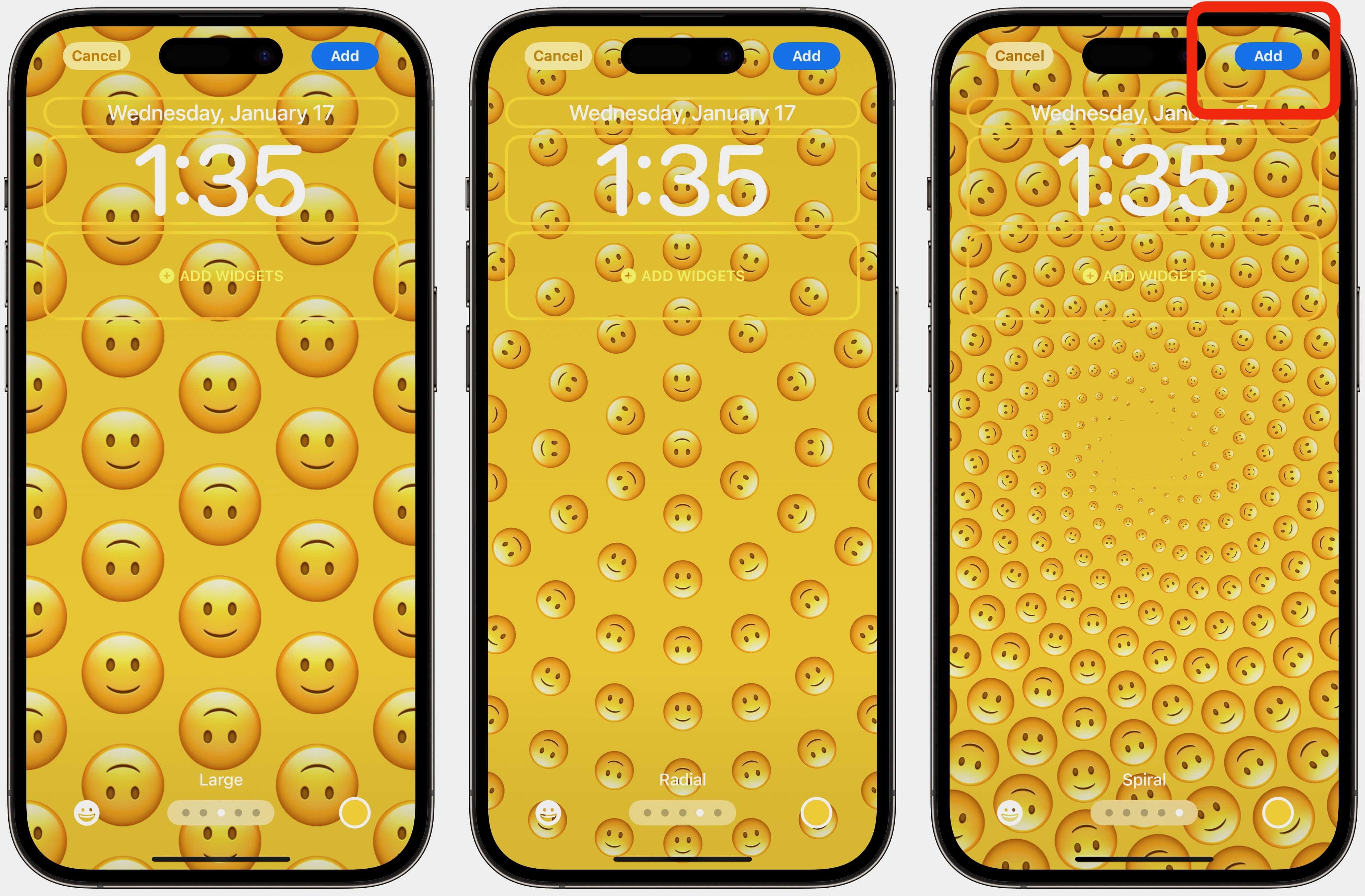 Customize-iphone-home screen-wallpaper Series of screenshots showing to how you can adjust a yellow iPhone wallpaper with smiley face emoji.