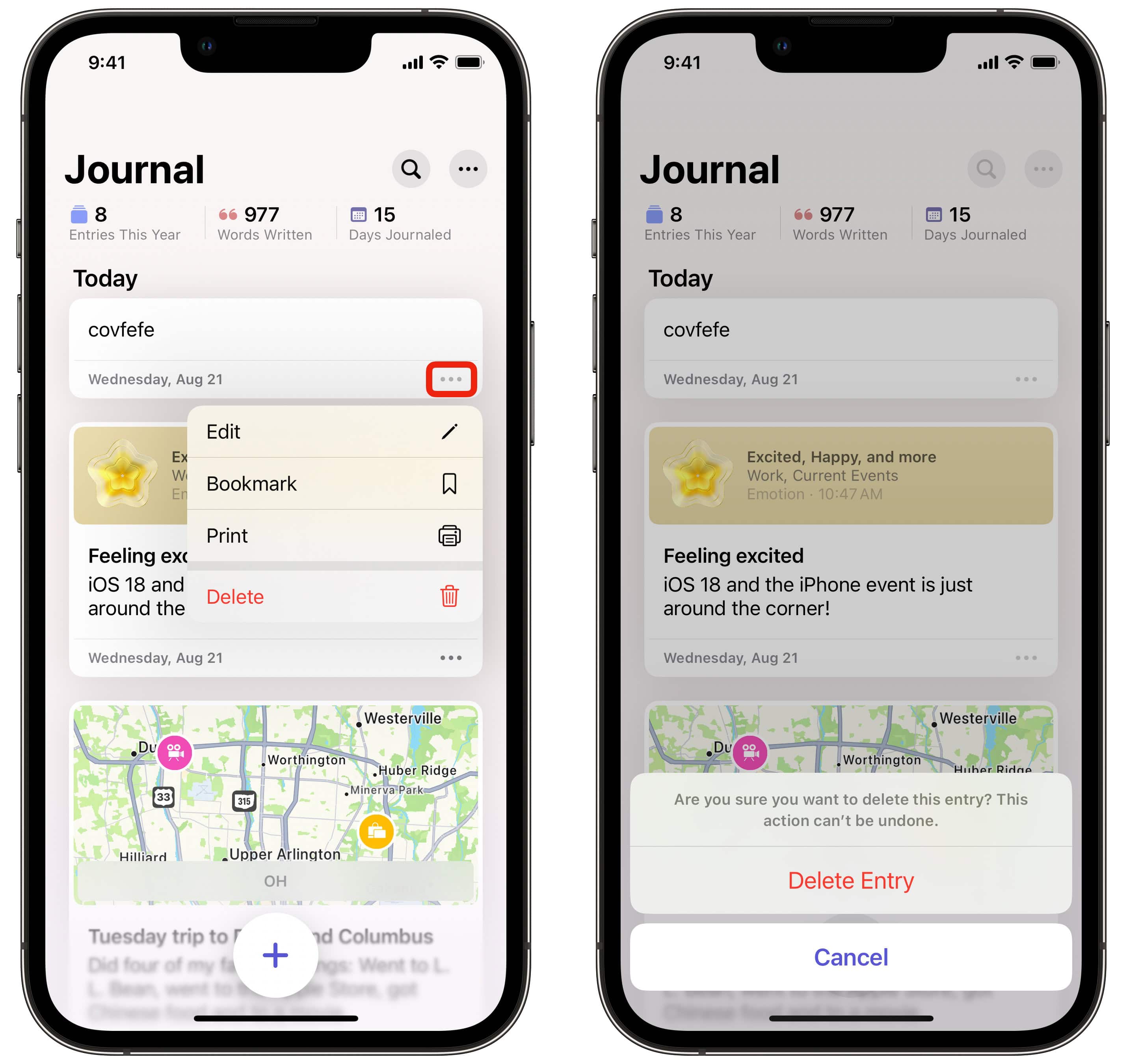 Delete Journal Entry Screenshot shows deleting an entry from Apple Journal app