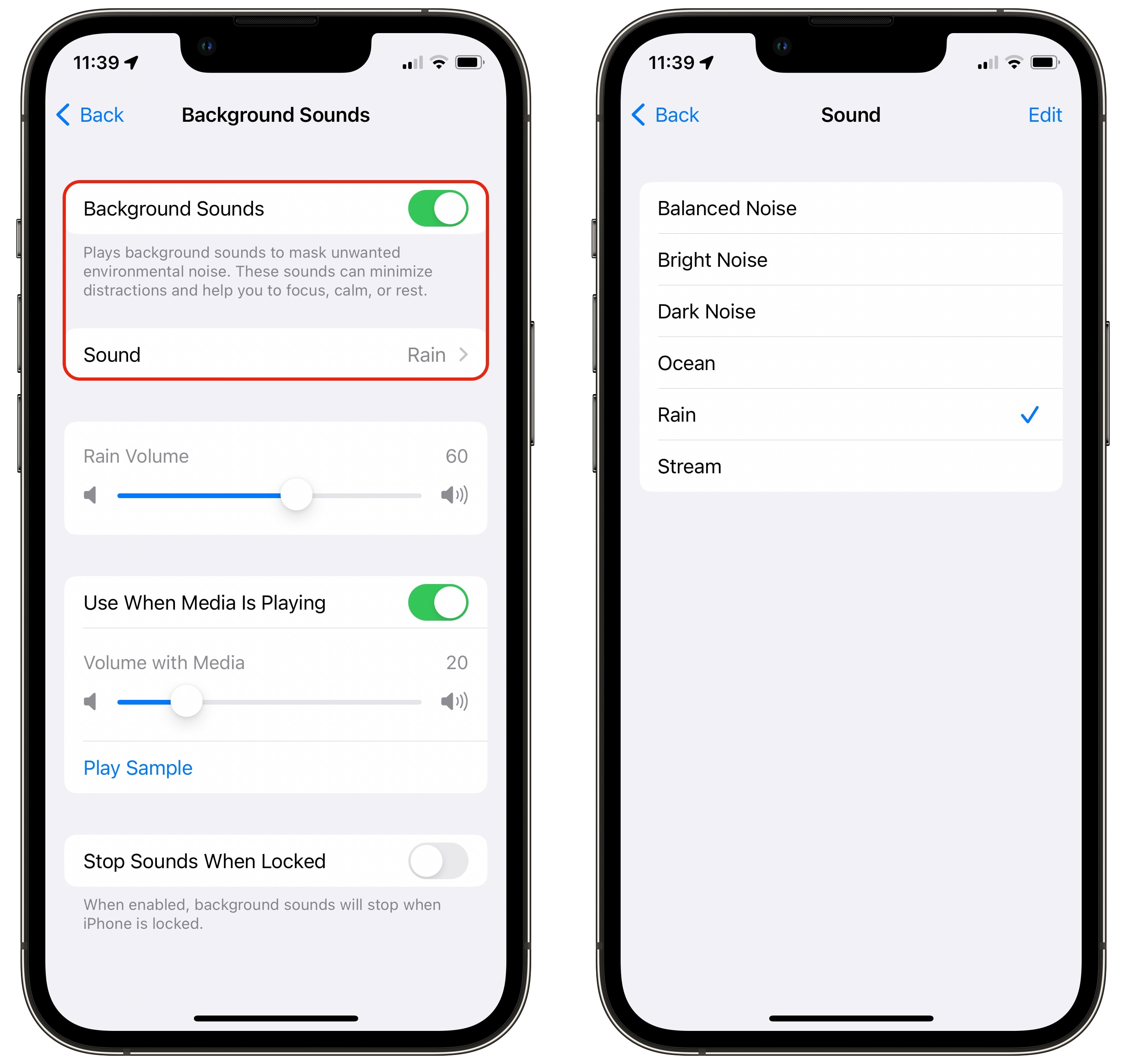 Enable Background Sounds Turning on Background Sounds in Settings
