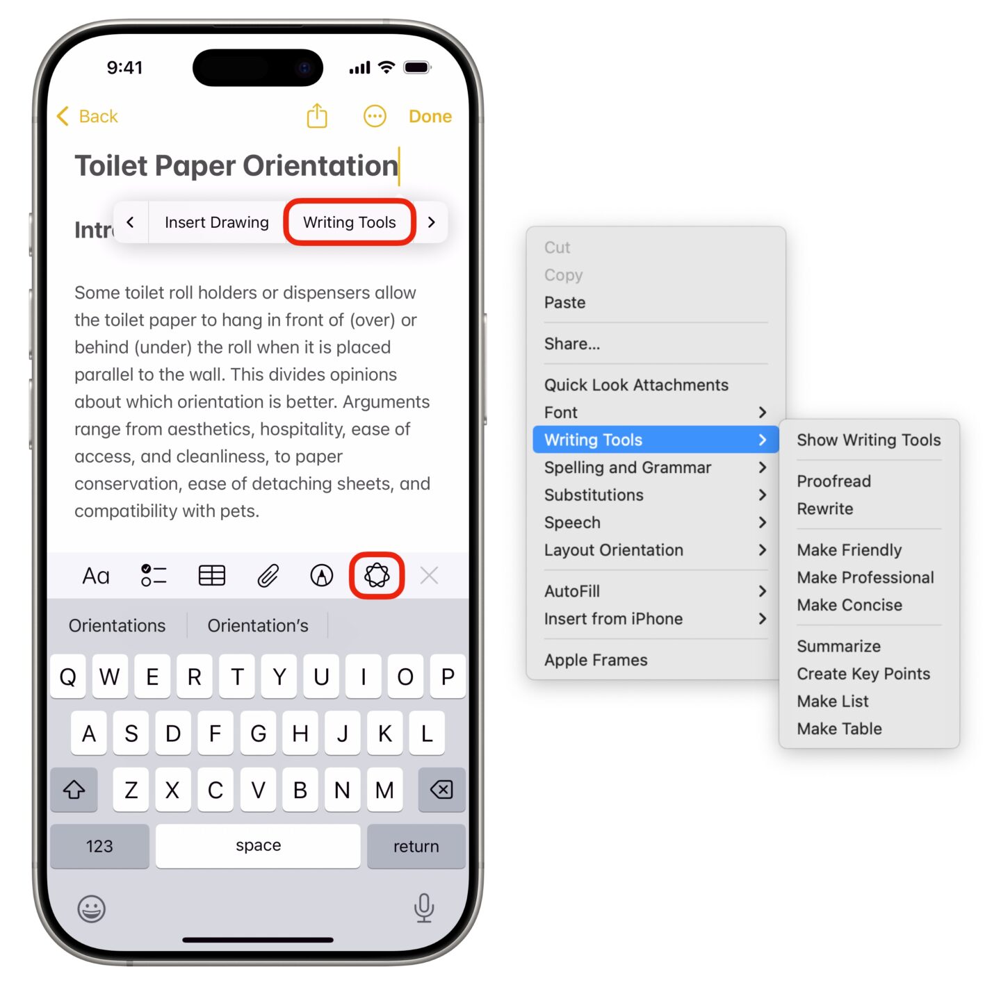 Enable Writing Tools Screenshot show how to enable Apple's free AI writing tools on iPhone and Mac