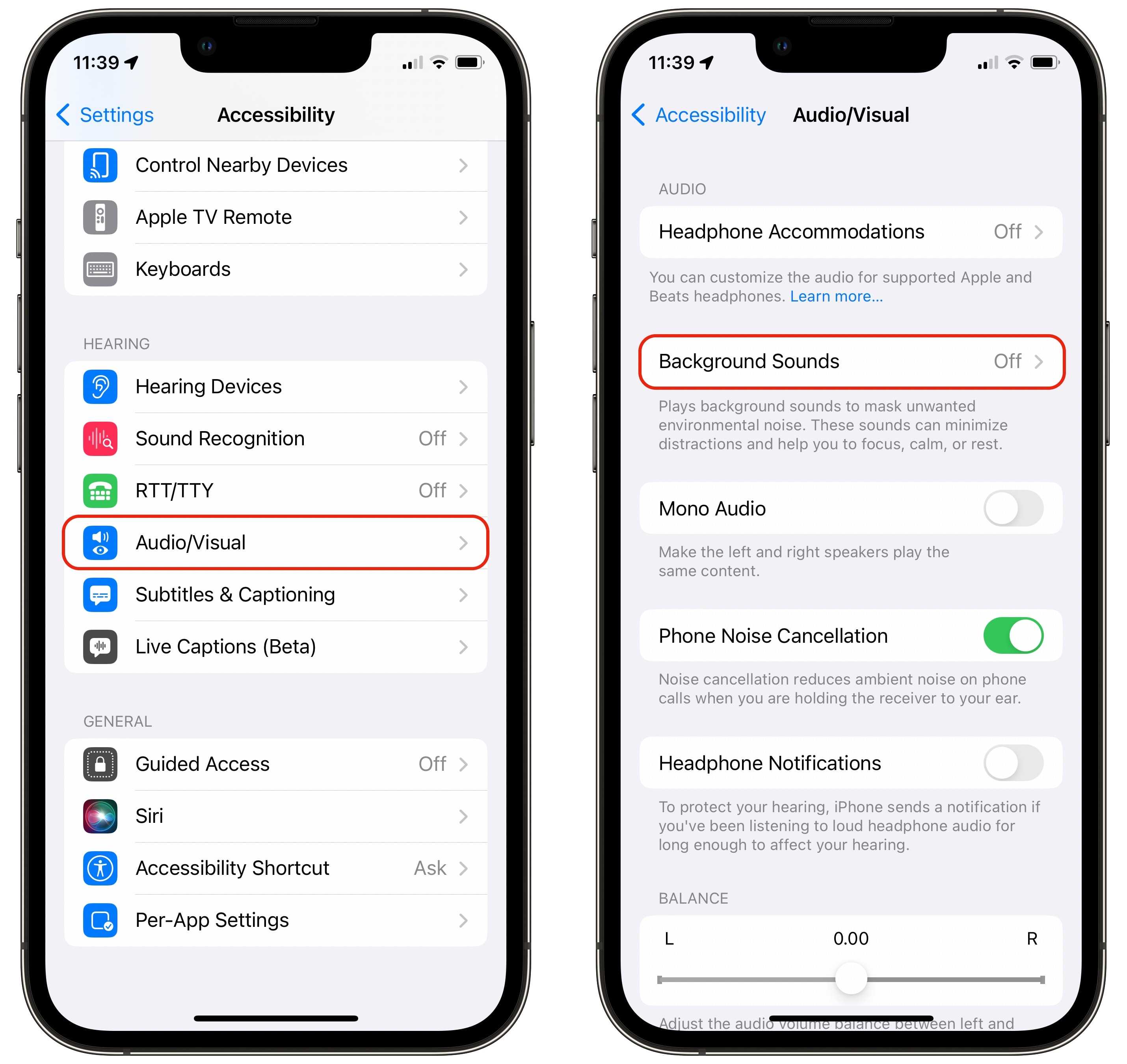 Finding Background Sounds Finding Background Sounds page in Settings app on iPhone