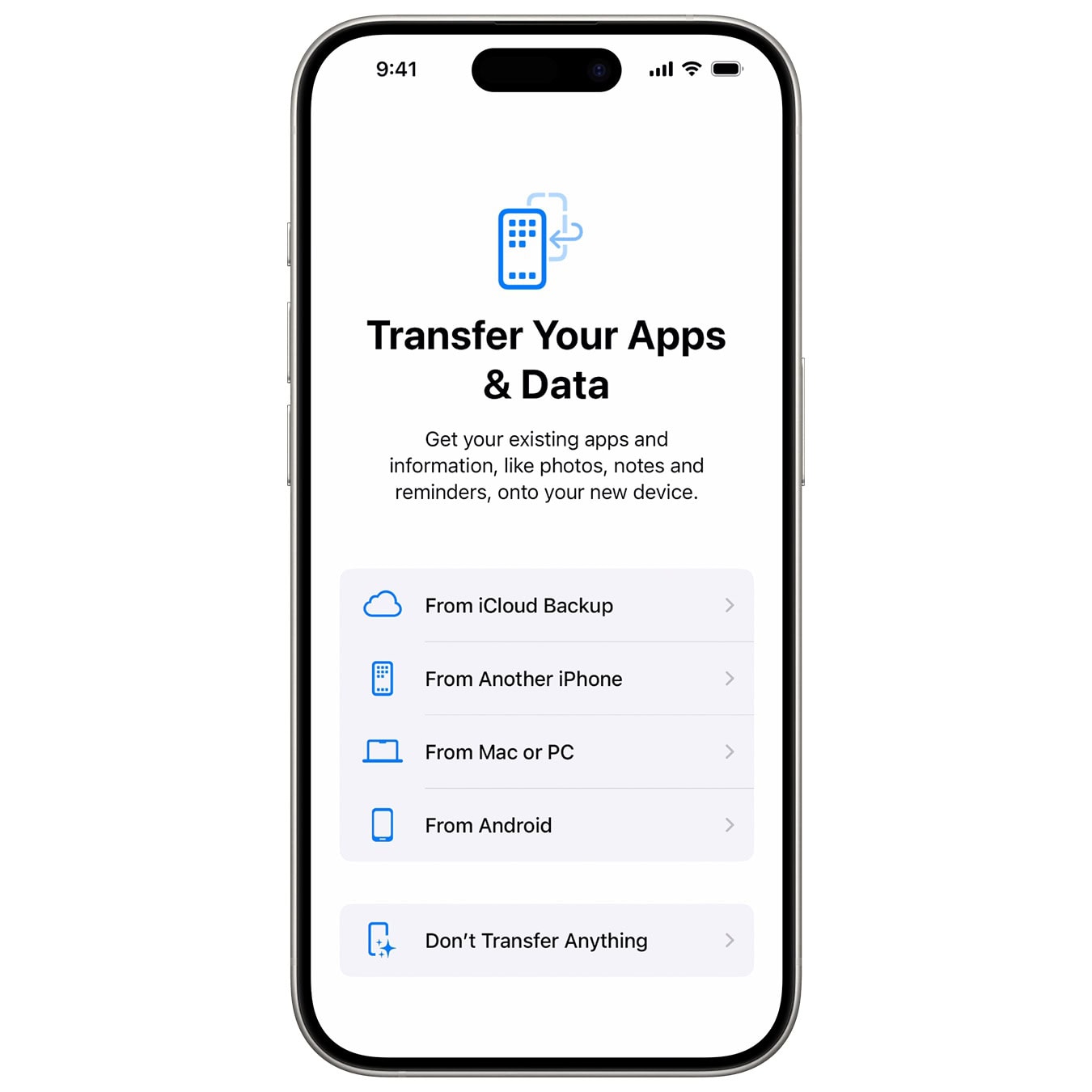 IPhone Setup Transfer Apps and Data Choosing how to transfer apps and data to a new iPhone