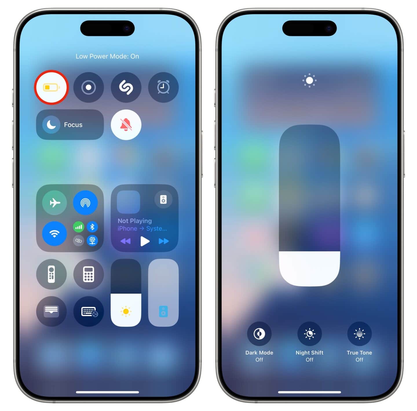 Low Power Mode and Brightness Screenshots show how to turn on Low Power Mode and turn down brightness to save iPhone battery life