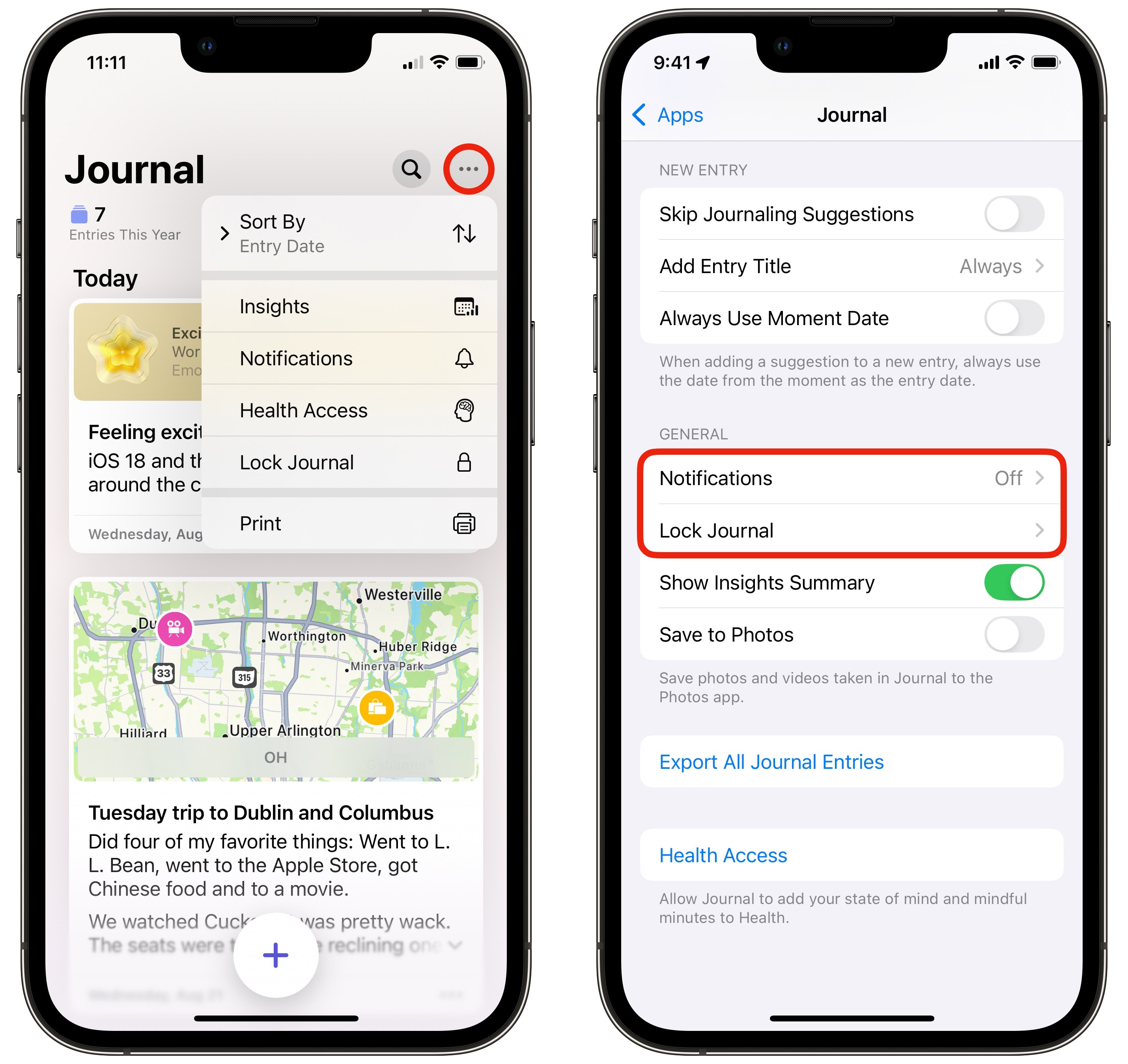 Notifications and Face ID iPhone screenshots show settings for notifications and locking Apple's Journal app