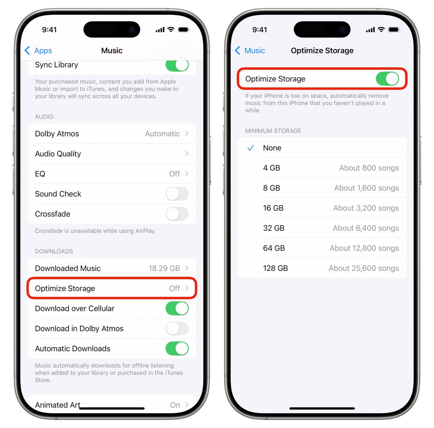 Optimize Music Storage Music storage settings