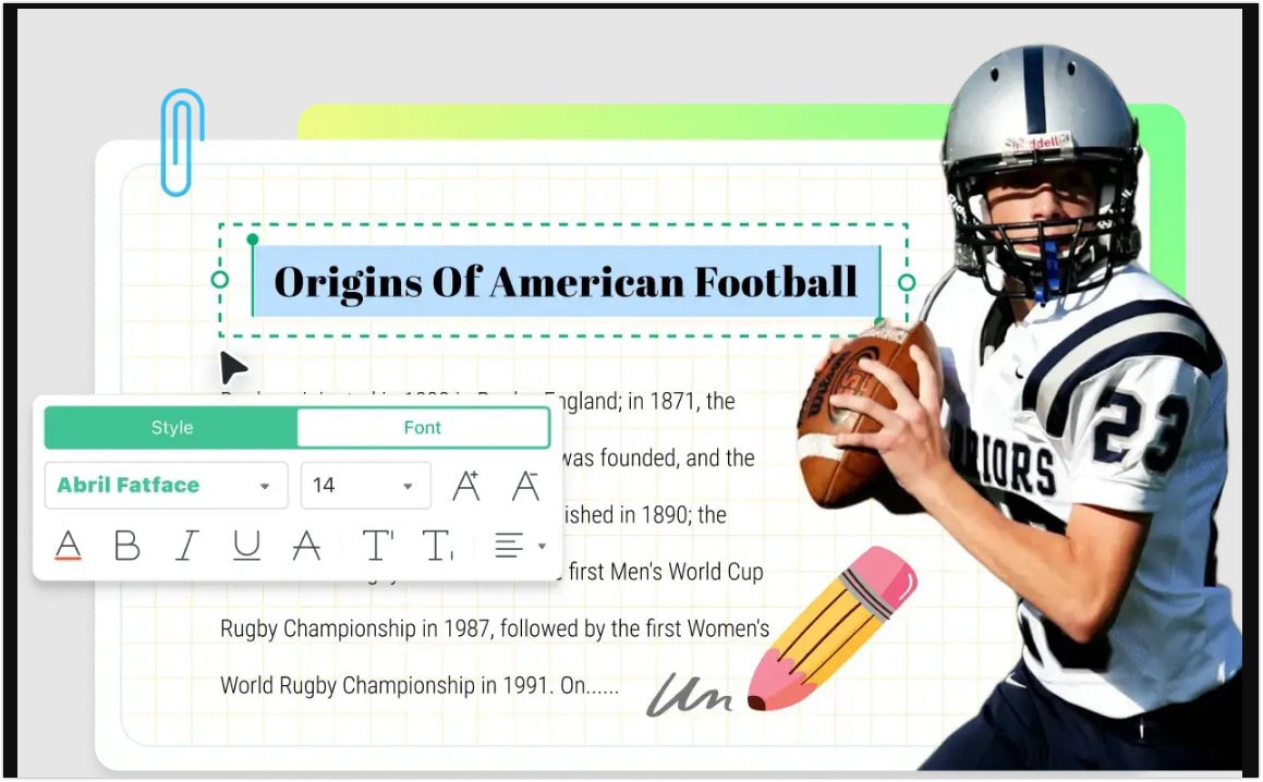Origins of American football A screenshot of Afirstsoft PDF editor with a document with the title "Origins of American football."