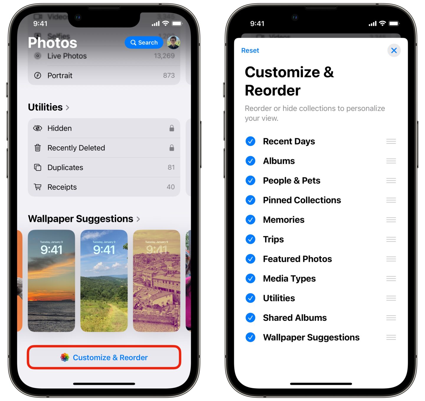 Photos Reorder Collections Reorder collections in the new Photos app in iOS 18