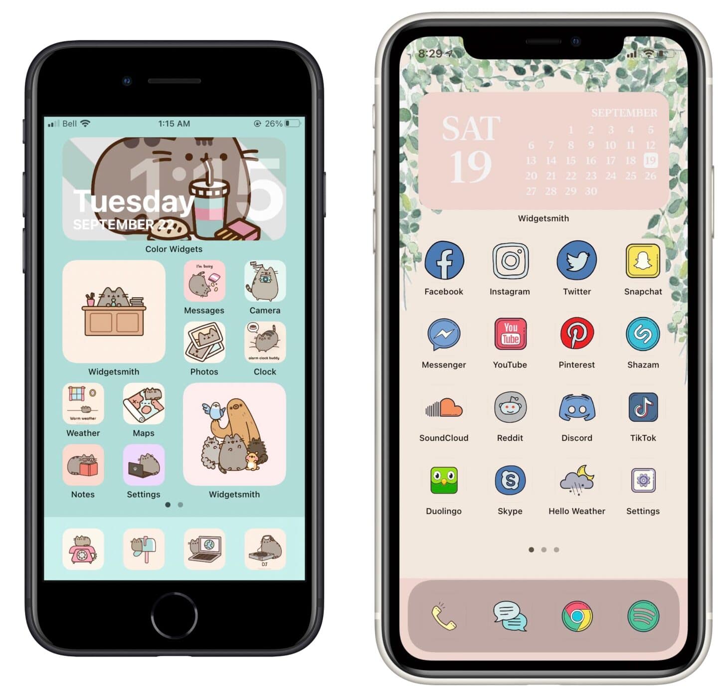 Pusheen and Sketch Home Screens Two custom home screens with cartoon cat icons and sketch icons