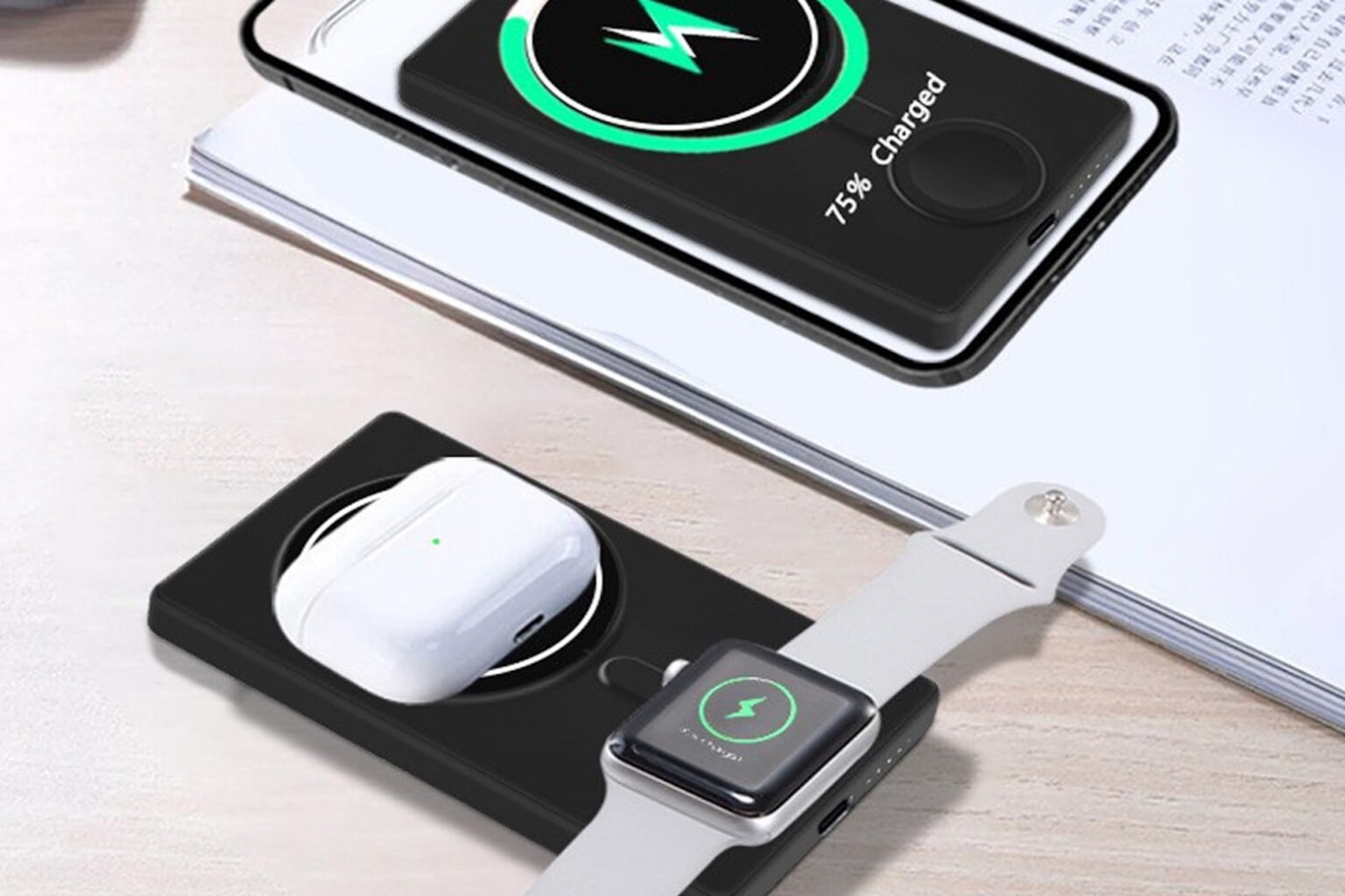 Product photo of Apple Watch power bank that can charge iPhone and iPods, too.