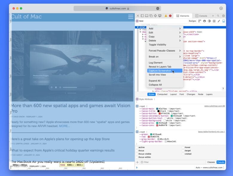 Screenshot Whole Page on Mac Selecting “Capture Screenshot” in Safari