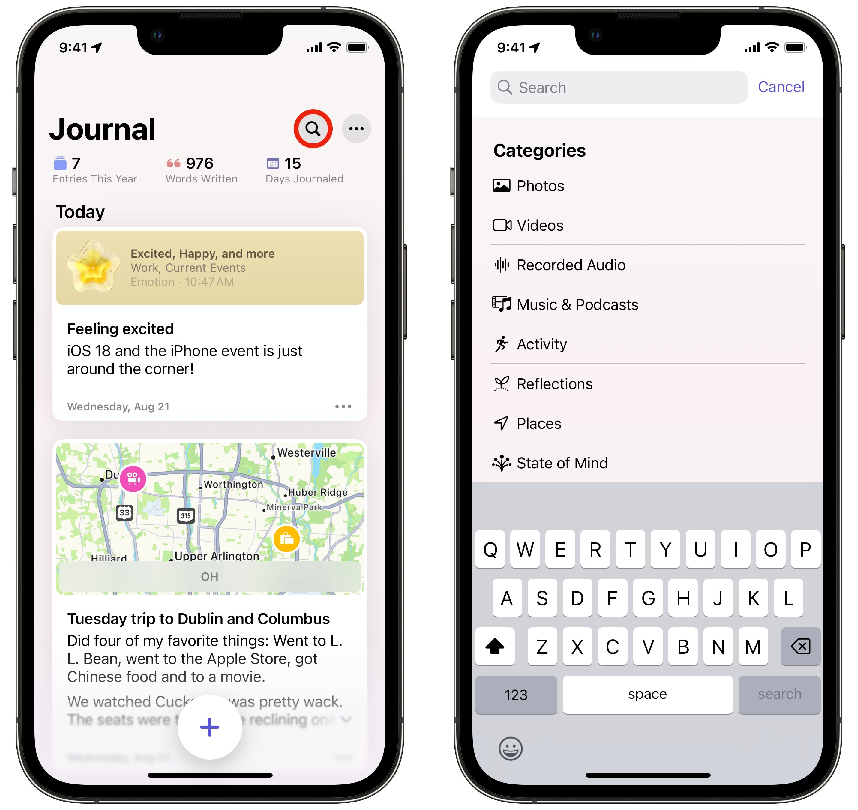 Search Journal Entries iPhone screenshots show searching through entries in the Apple Journal app
