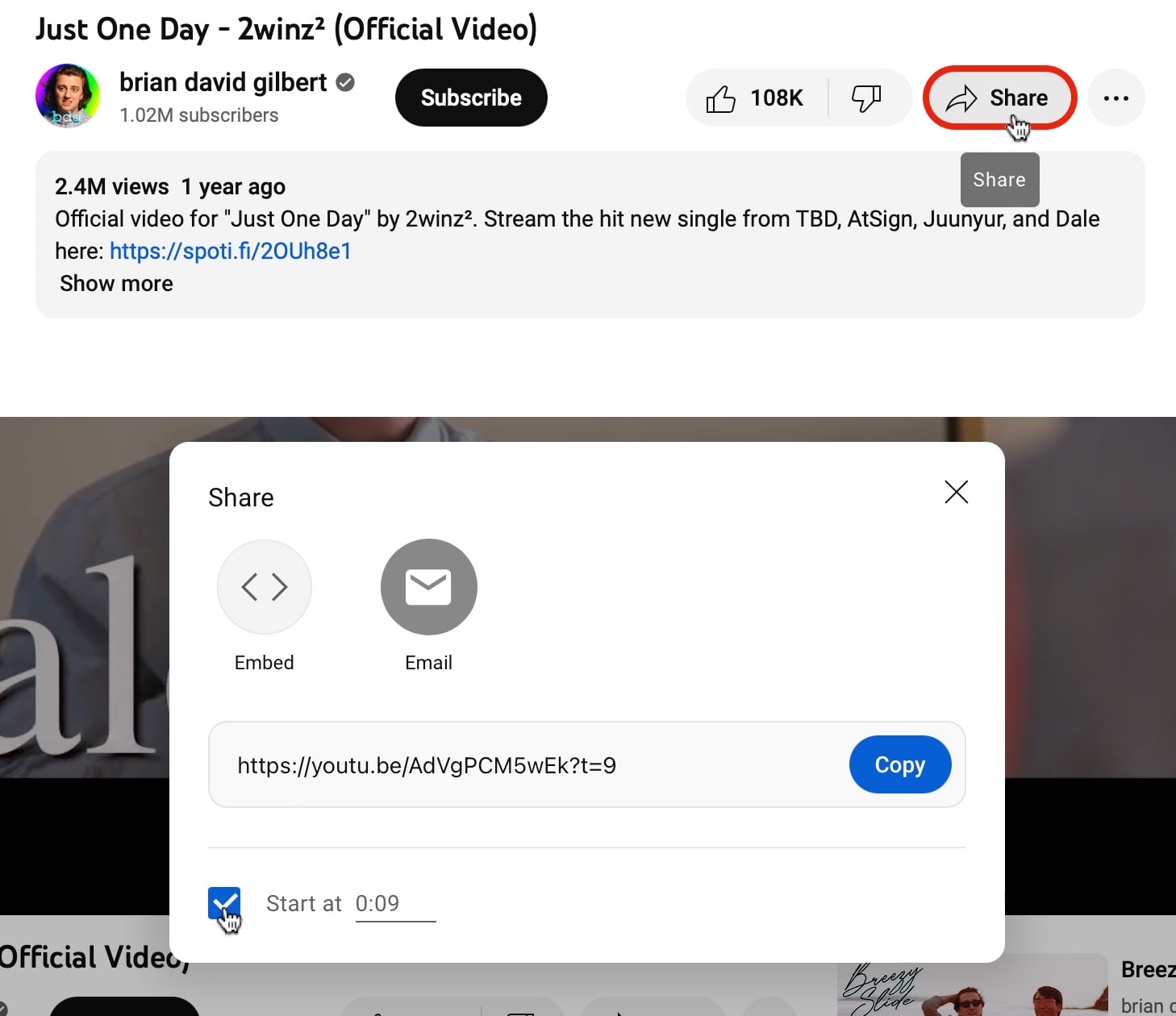 Share at Specific Time Copying a YouTube video URL at a specific time