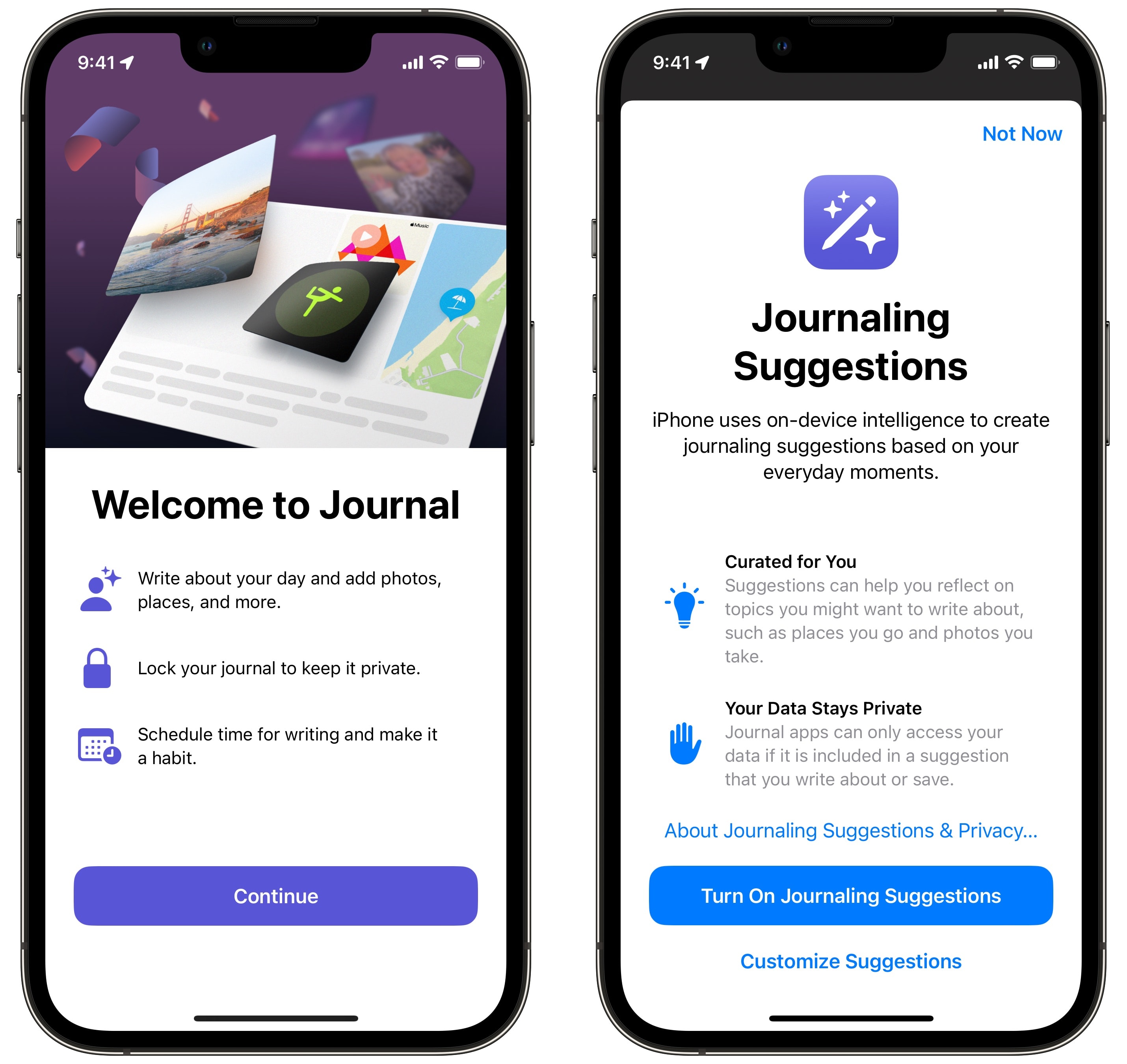 Start Journal iPhone screenshots show "Welcome to Journal" and "Journaling Suggestions" screens.