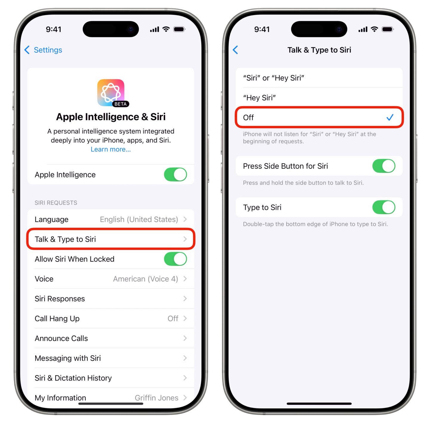 Talk and Type to Siri Screenshots show how to turn off “Hey Siri” on iPhone to save battery life