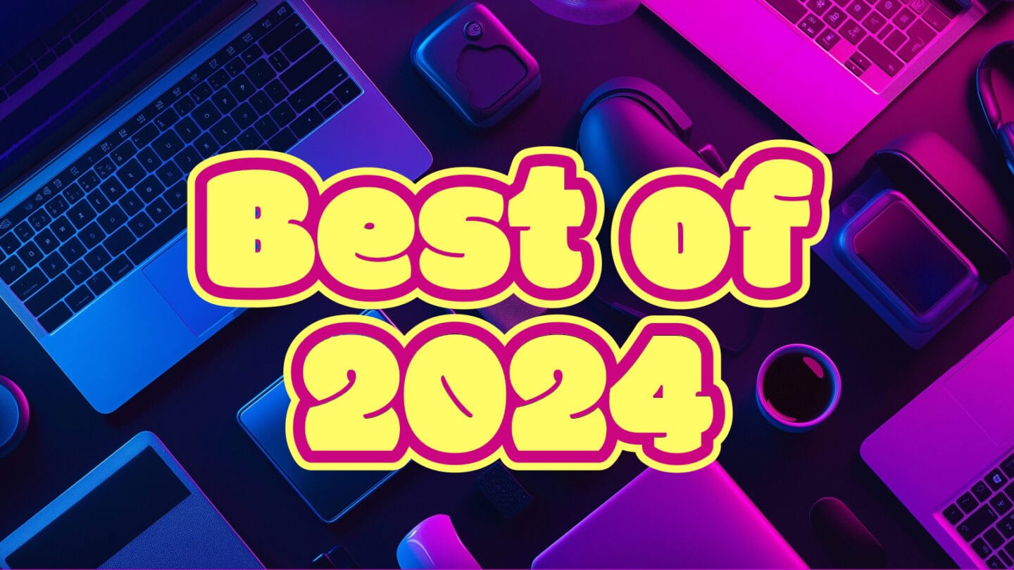 The CultCast Best of 2024 Dark purplish image of various tech products with the words "Best of 2024" overlaid atop them