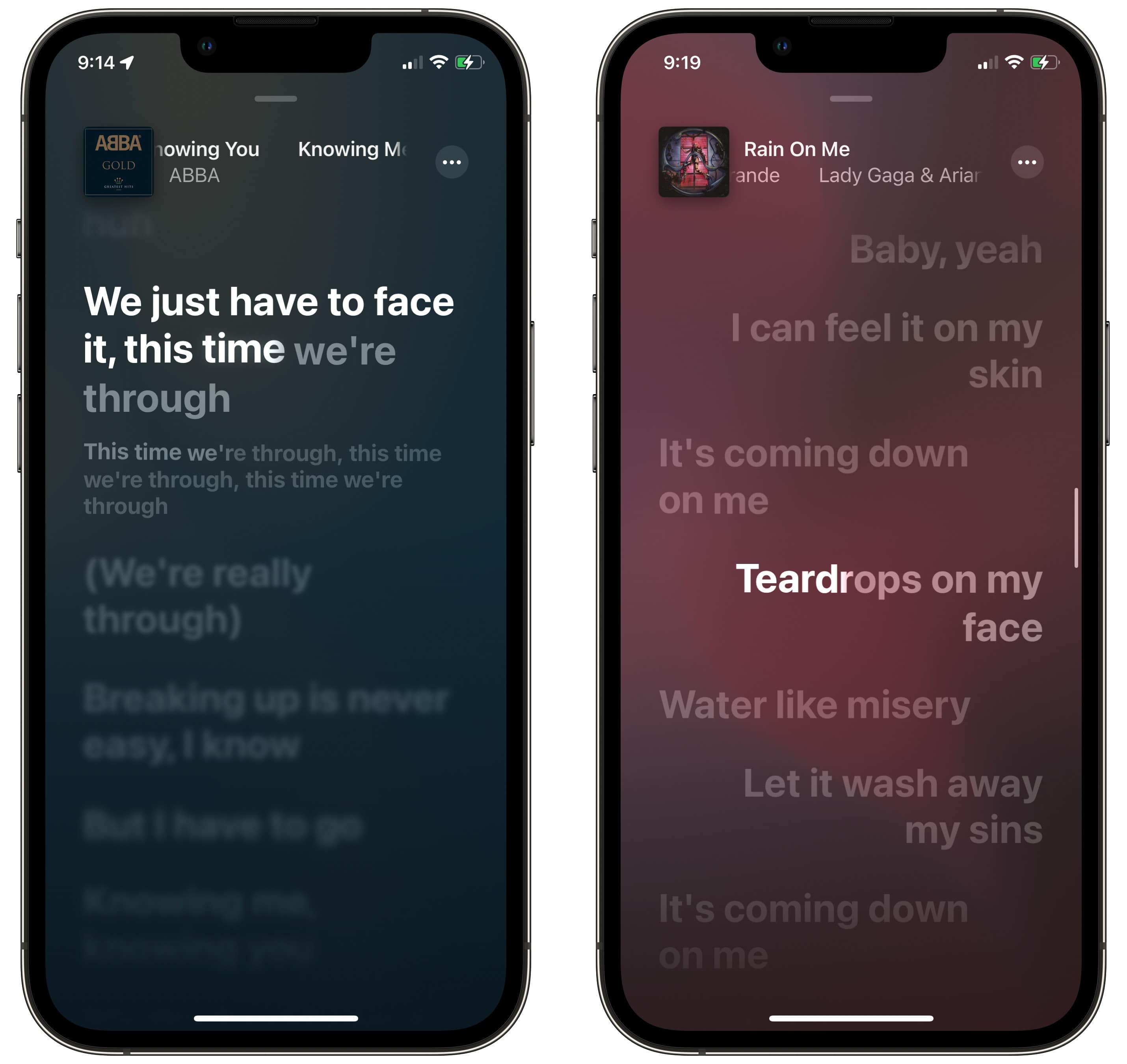 Timed and Duet Lyrics Left: “Knowing Me, Knowing You” by ABBA showing precise lyrics timing and background parts. Right: “Rain On Me” by Lady Gaga showing a duet.