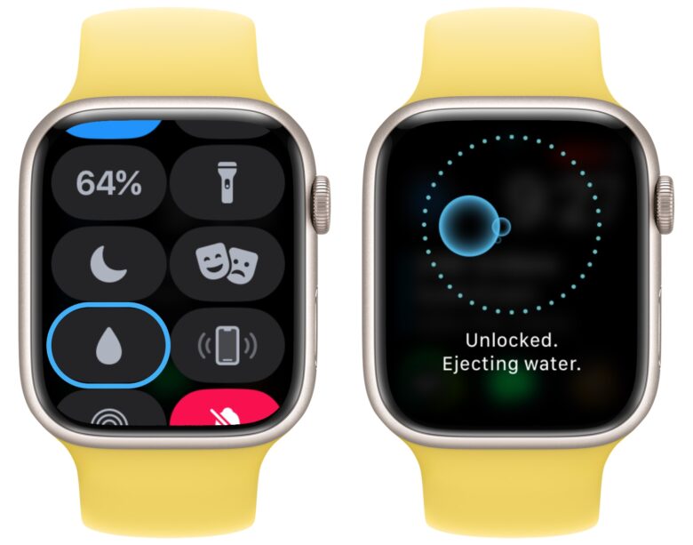 Water Lock on Apple Watch Enable Water Lock by swiping up from Control Center. Hold in the Digital Crown to unlock it and eject water.