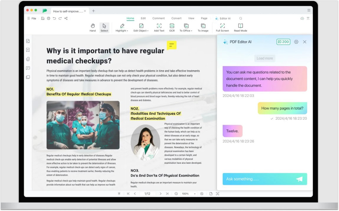 Why is it important to have regular medical checkups Image of Afirstsoft PDF editor showing a document with the title, "Why is it important to have regular medical checkups?"