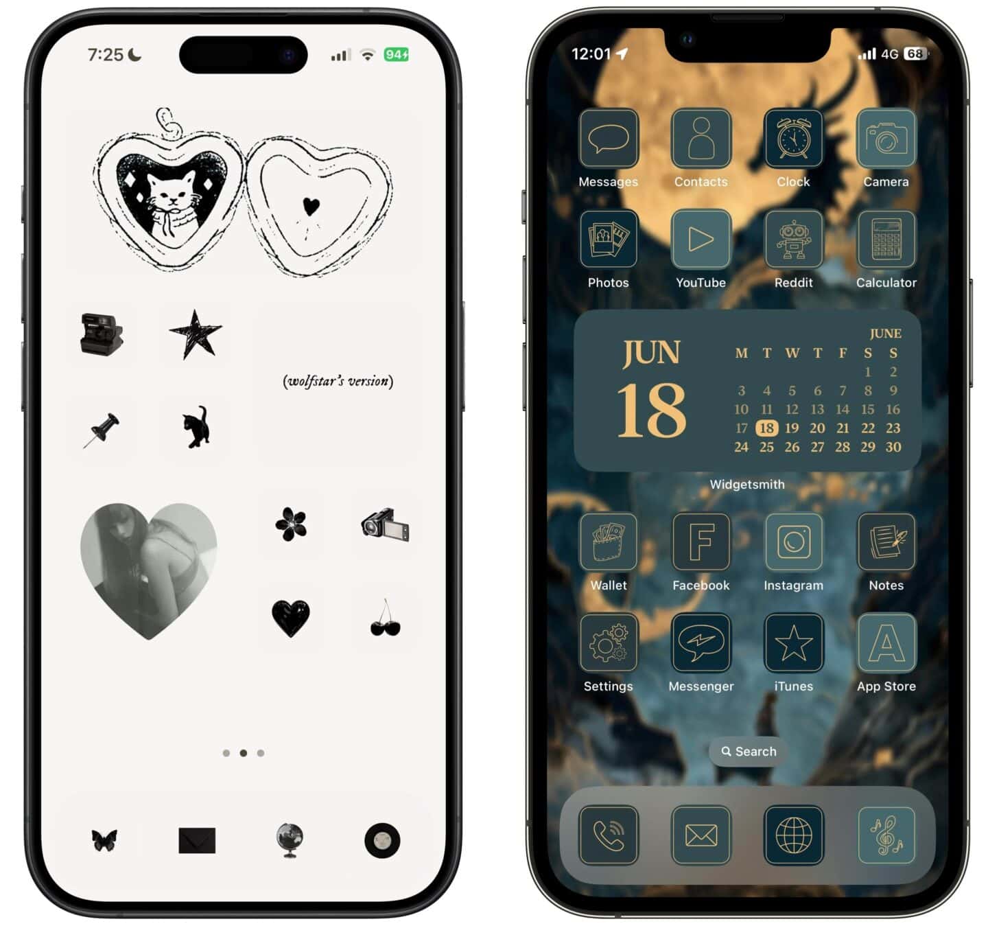 Widgetsmith Custom Home Screens Two Home Screens customized with Widgetsmith: one is black and white and Taylor Swift-inspired, one has a dark green and gold color scheme.