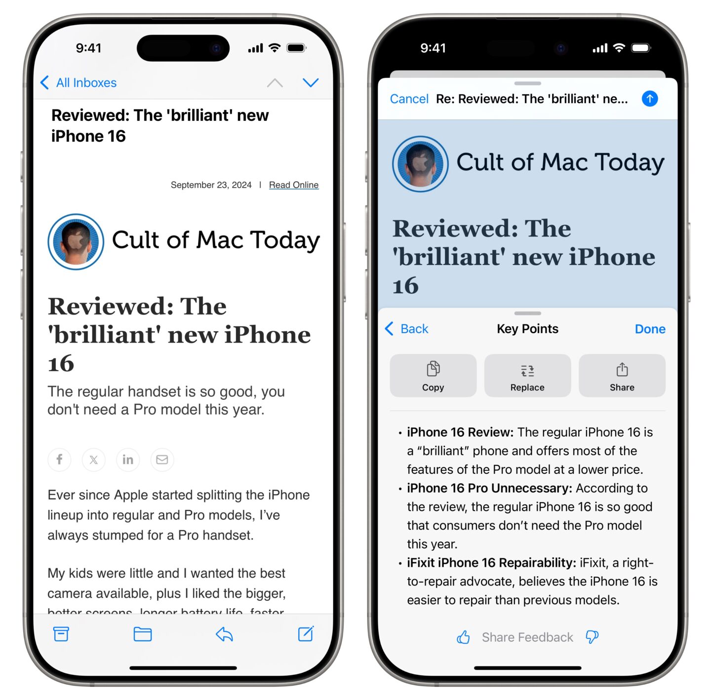 Writing Tools Key Points Screenshots show how Apple Intelligence Writing Tools summarize key points of the Cult of Mac Today newsletter