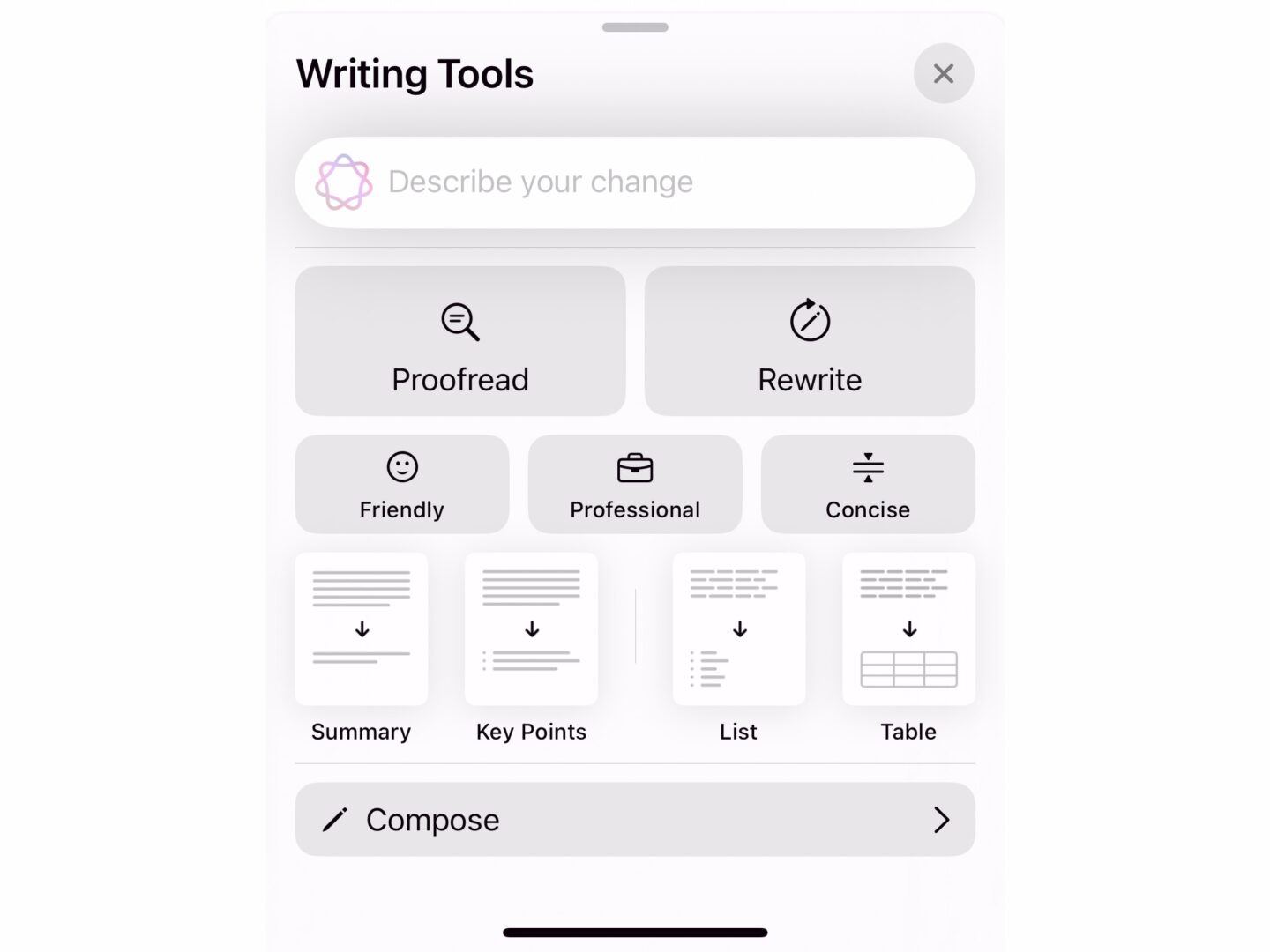 Writing Tools Palette Screenshot of Apple's AI Writing Tools palette